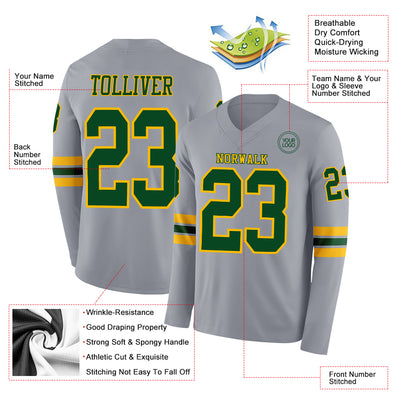 Custom Gray Green-Gold Long Sleeve Authentic Football Jersey