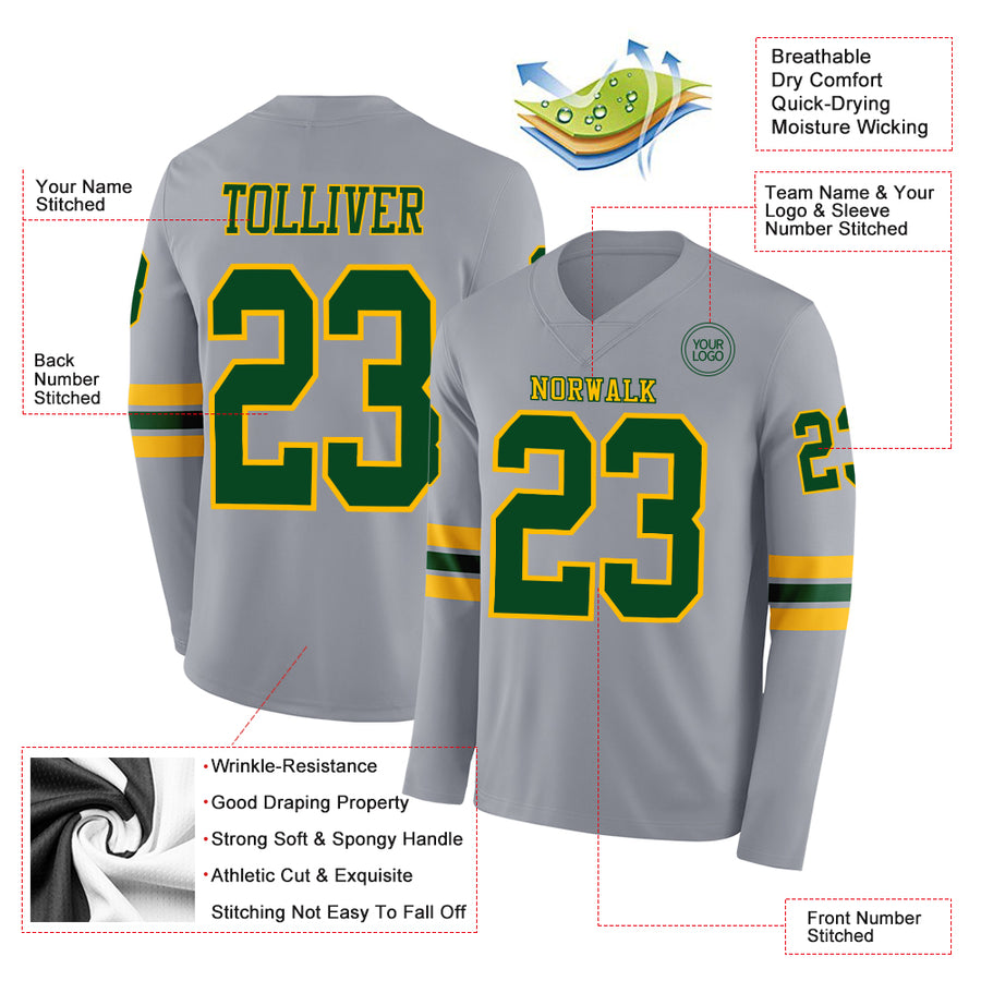 Custom Gray Green-Gold Long Sleeve Authentic Football Jersey