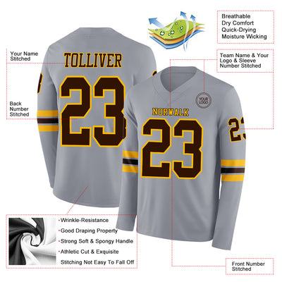 Custom Gray Brown-Gold Long Sleeve Authentic Football Jersey