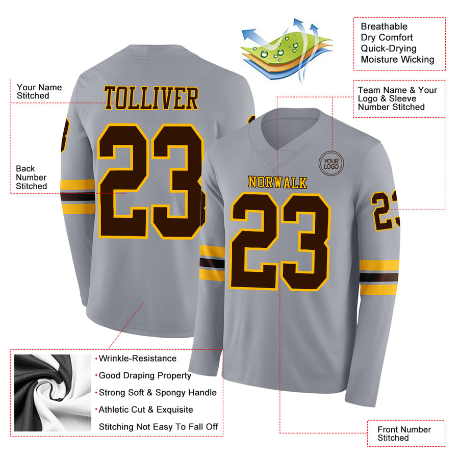Custom Gray Brown-Gold Long Sleeve Authentic Football Jersey
