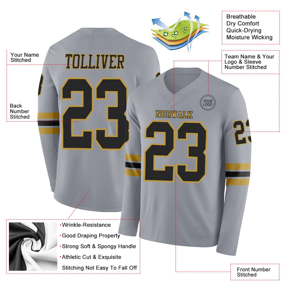 Custom Gray Black-Old Gold Long Sleeve Authentic Football Jersey