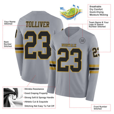 Custom Gray Black-Old Gold Long Sleeve Authentic Football Jersey