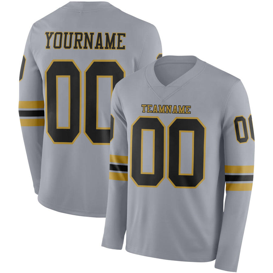 Custom Gray Black-Old Gold Long Sleeve Authentic Football Jersey