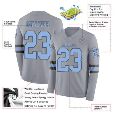Custom Gray Light Blue-Steel Gray Long Sleeve Authentic Football Jersey