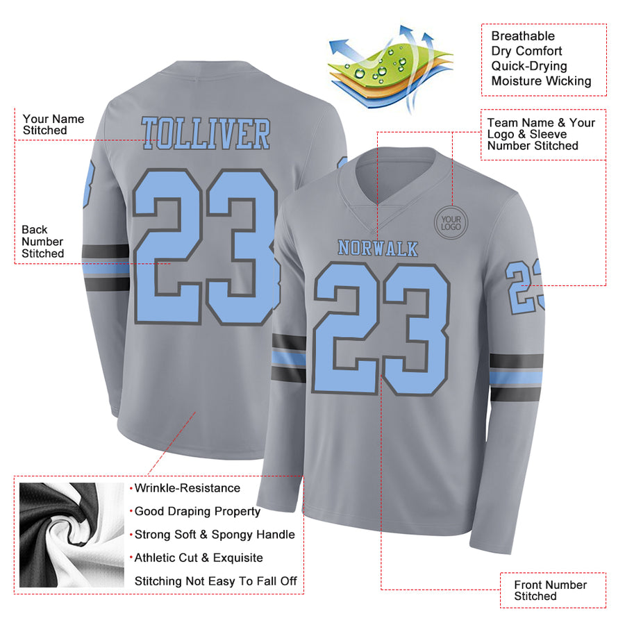Custom Gray Light Blue-Steel Gray Long Sleeve Authentic Football Jersey
