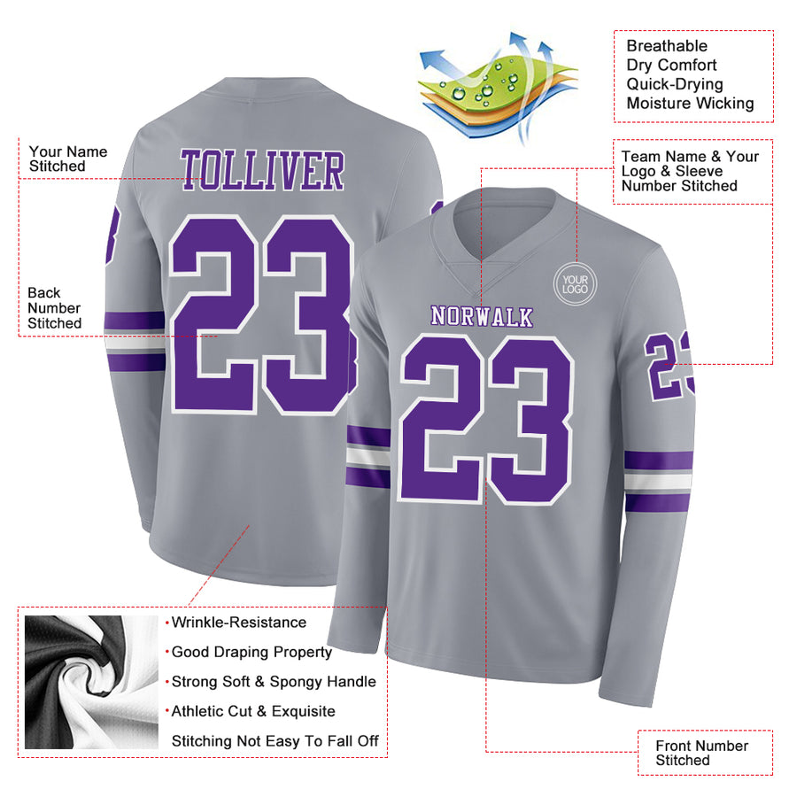 Custom Gray Purple-White Long Sleeve Authentic Football Jersey