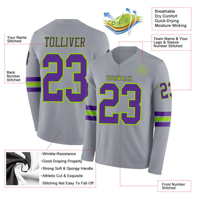 Custom Gray Purple-Neon Green Long Sleeve Authentic Football Jersey