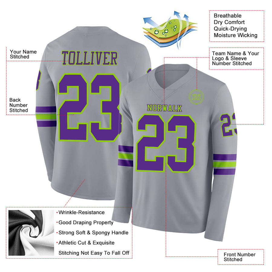 Custom Gray Purple-Neon Green Long Sleeve Authentic Football Jersey