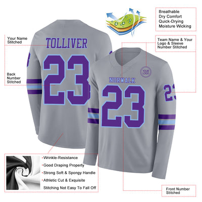 Custom Gray Purple-Light Blue Long Sleeve Authentic Football Jersey