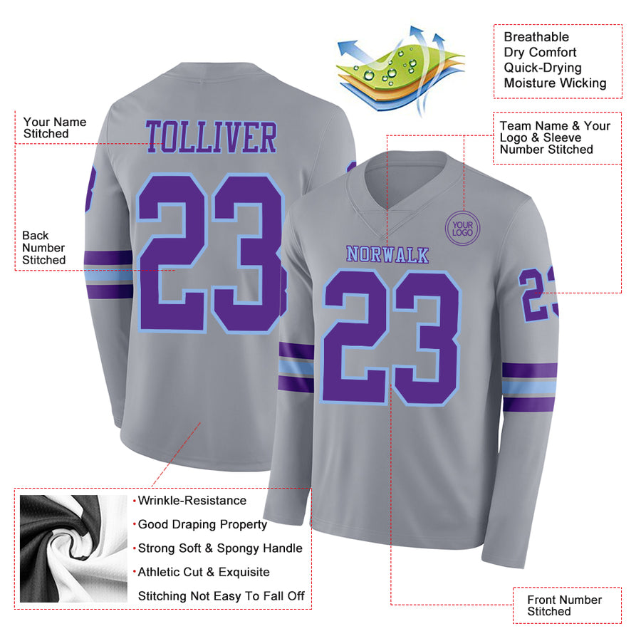 Custom Gray Purple-Light Blue Long Sleeve Authentic Football Jersey