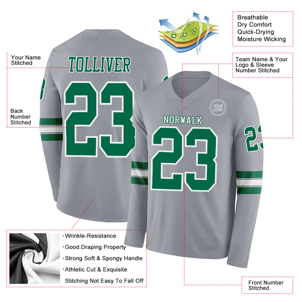 Custom Gray Kelly Green-White Long Sleeve Authentic Football Jersey