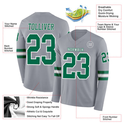 Custom Gray Kelly Green-White Long Sleeve Authentic Football Jersey