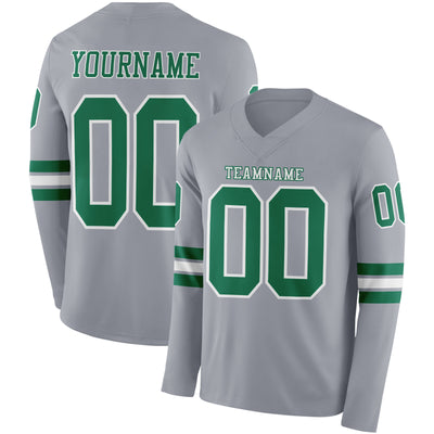 Custom Gray Kelly Green-White Long Sleeve Authentic Football Jersey