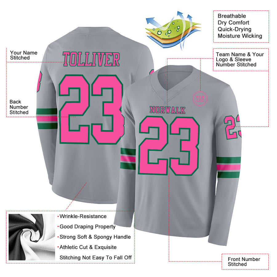 Custom Gray Pink-Kelly Green Long Sleeve Authentic Football Jersey