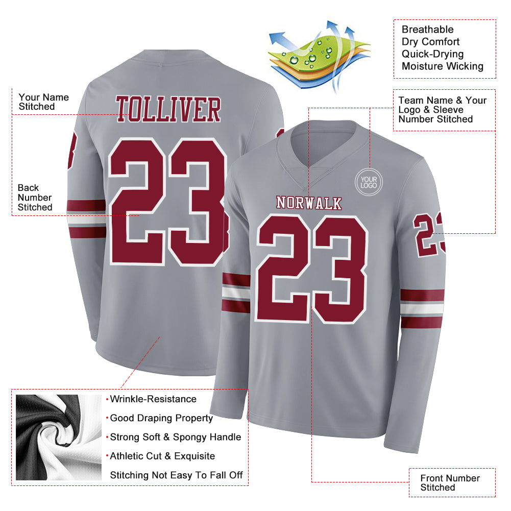 Custom Gray Crimson-White Long Sleeve Authentic Football Jersey