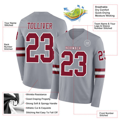 Custom Gray Crimson-White Long Sleeve Authentic Football Jersey
