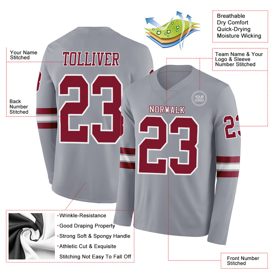Custom Gray Crimson-White Long Sleeve Authentic Football Jersey