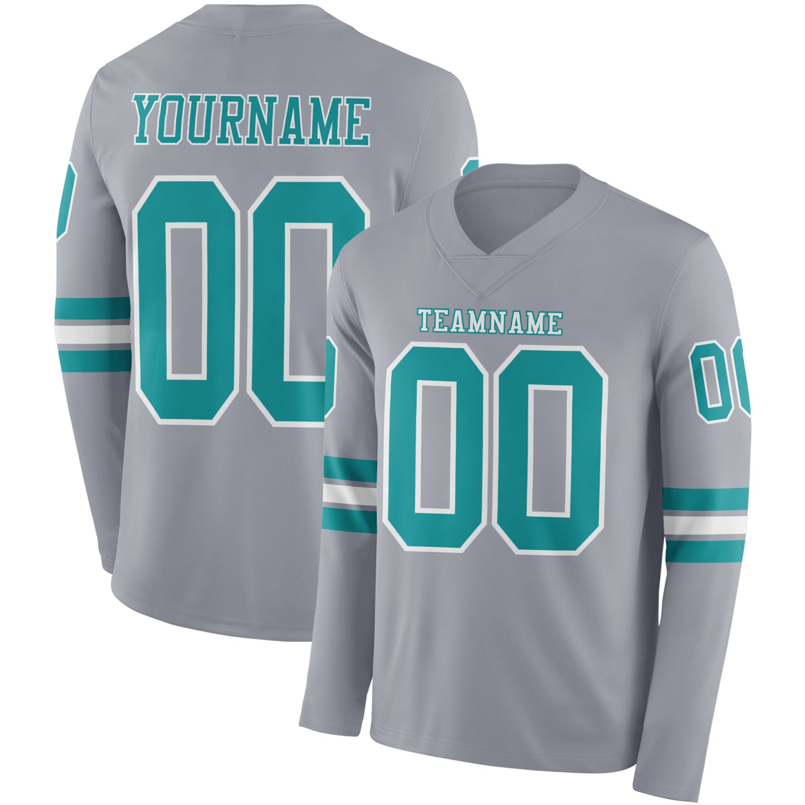 Custom Gray Teal-White Long Sleeve Authentic Football Jersey