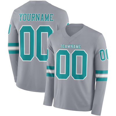 Custom Gray Teal-White Long Sleeve Authentic Football Jersey