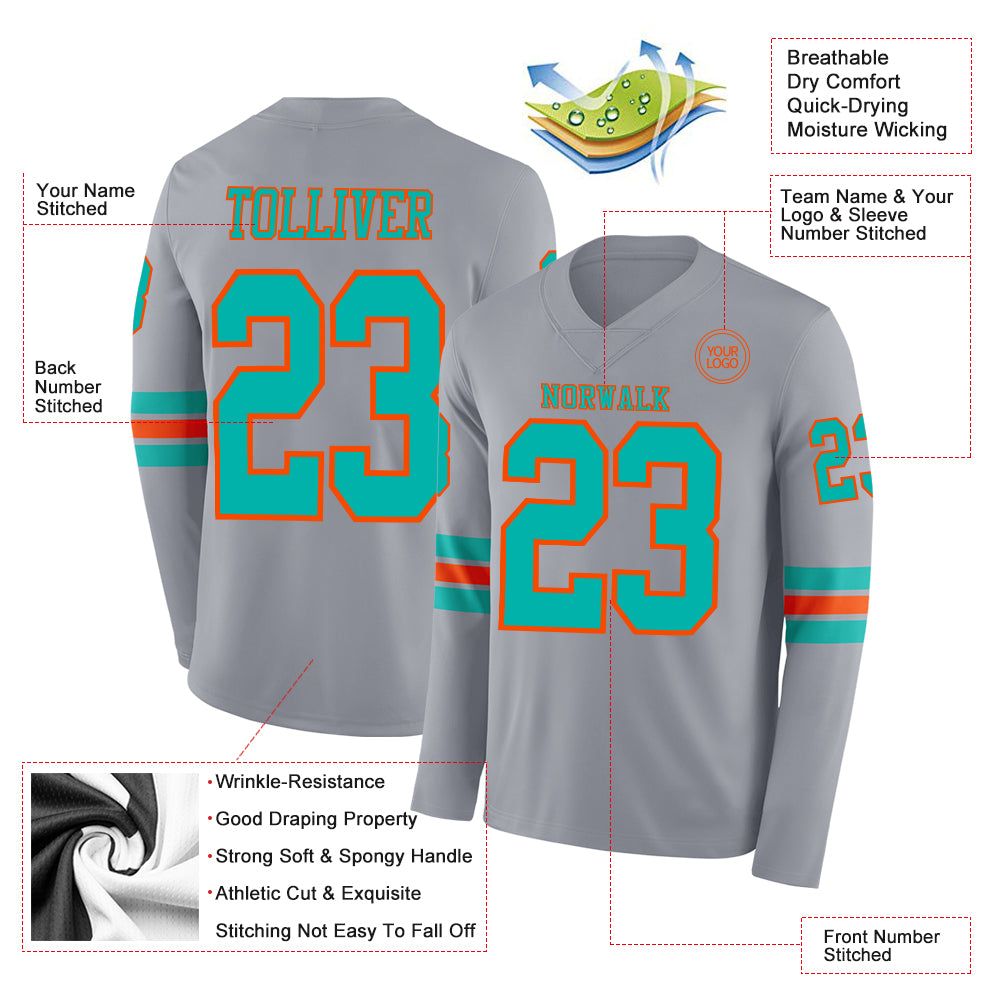 Custom Gray Aqua-Orange Long Sleeve Authentic Football Jersey
