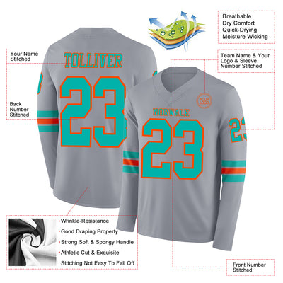Custom Gray Aqua-Orange Long Sleeve Authentic Football Jersey