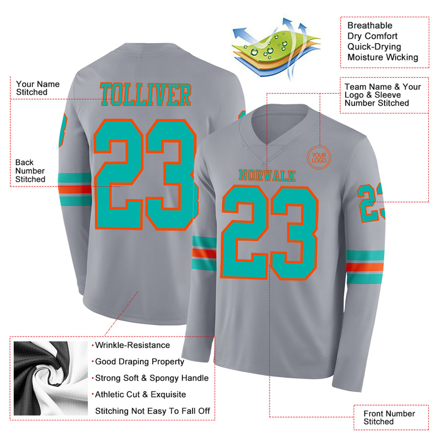 Custom Gray Aqua-Orange Long Sleeve Authentic Football Jersey