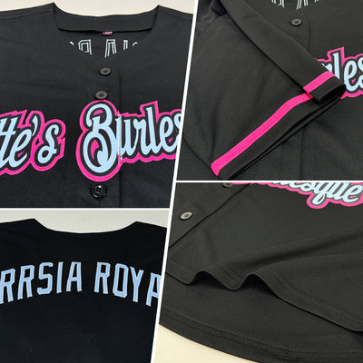 Custom Women's Black Pink-Light Blue V-Neck Cropped Baseball Jersey