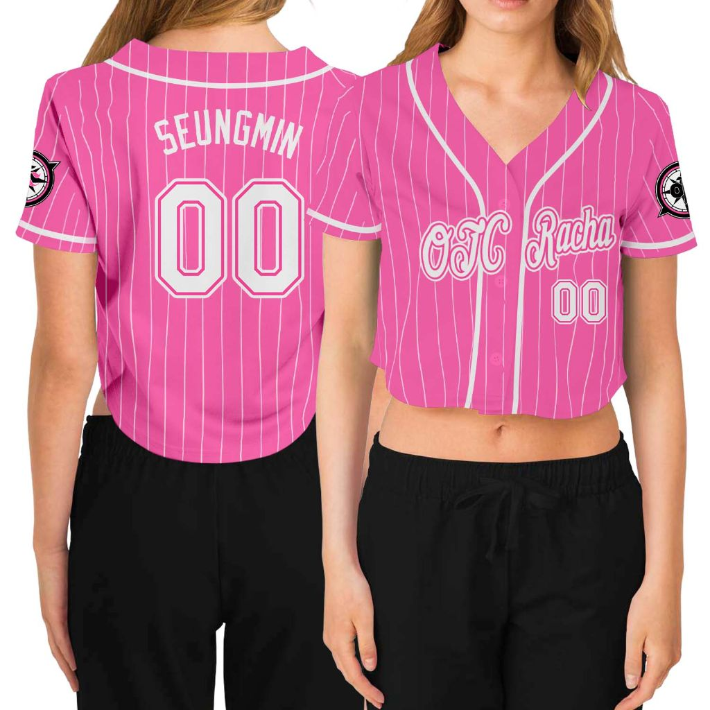Custom Women's Pink White V-Neck Cropped Baseball Jersey