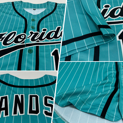 Custom Aqua White Pinstripe Black Authentic Baseball Jersey