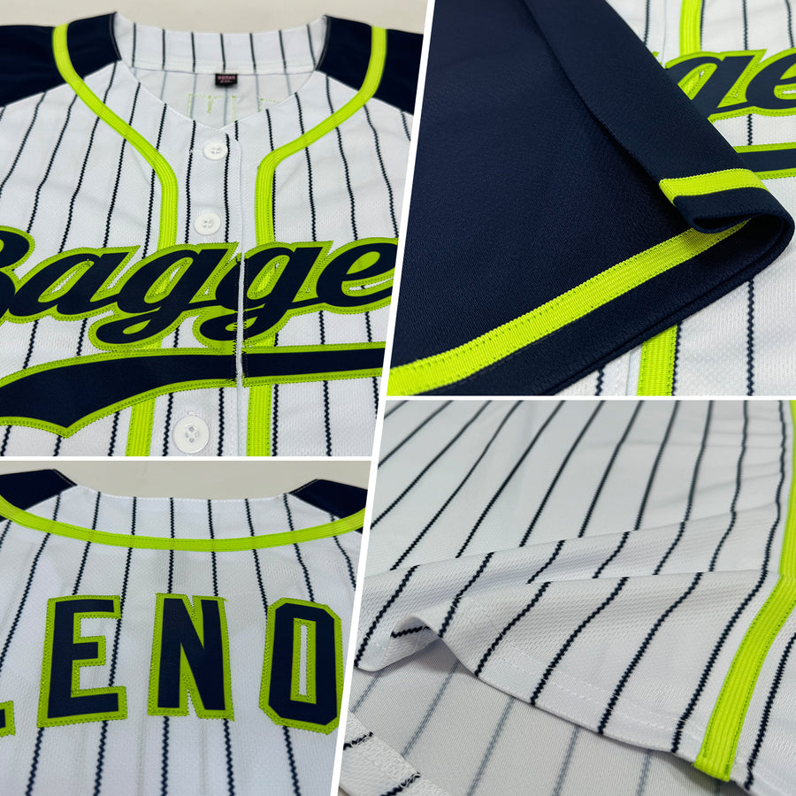 Custom White Navy Pinstripe Navy-Neon Green Authentic Raglan Sleeves Baseball Jersey