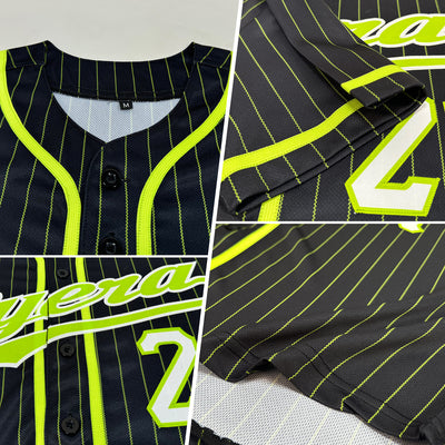 Custom Black Neon Green Pinstripe Neon Green-White Authentic Baseball Jersey