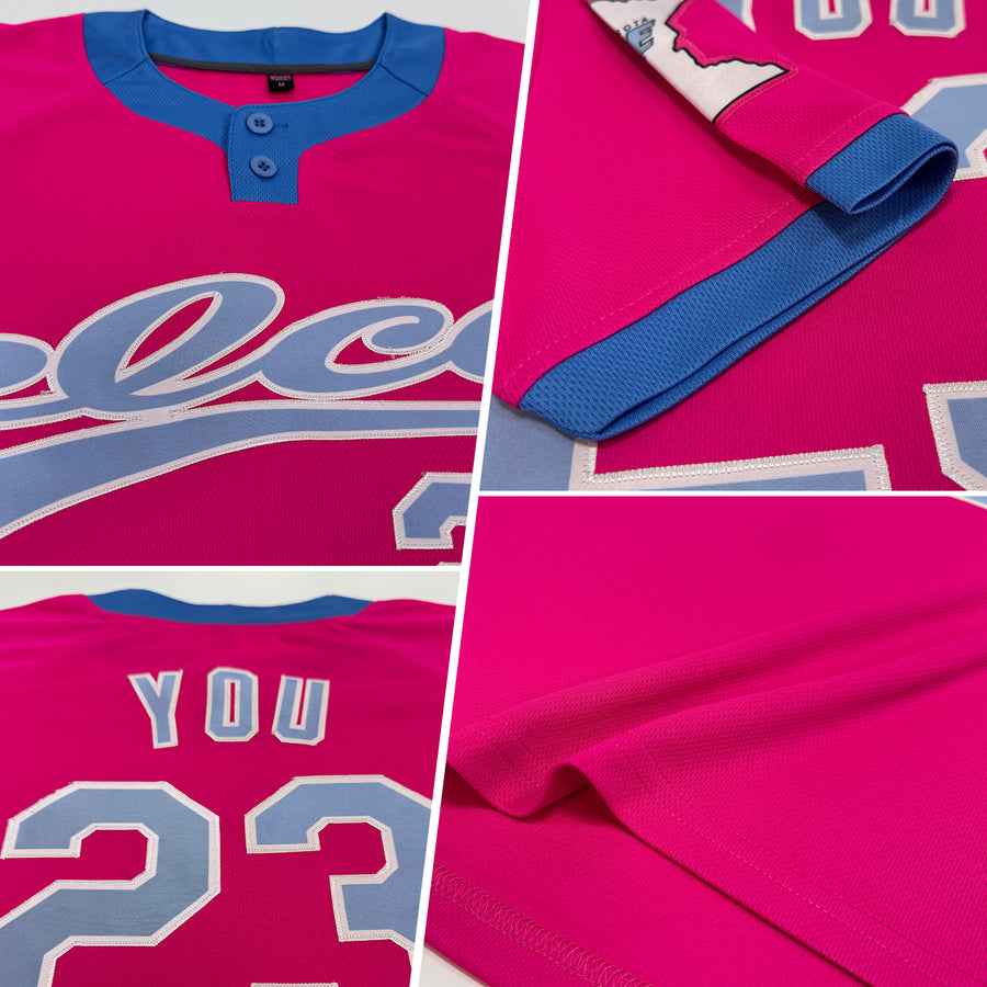 Custom Pink Light Blue-White Two-Button Unisex Softball Jersey