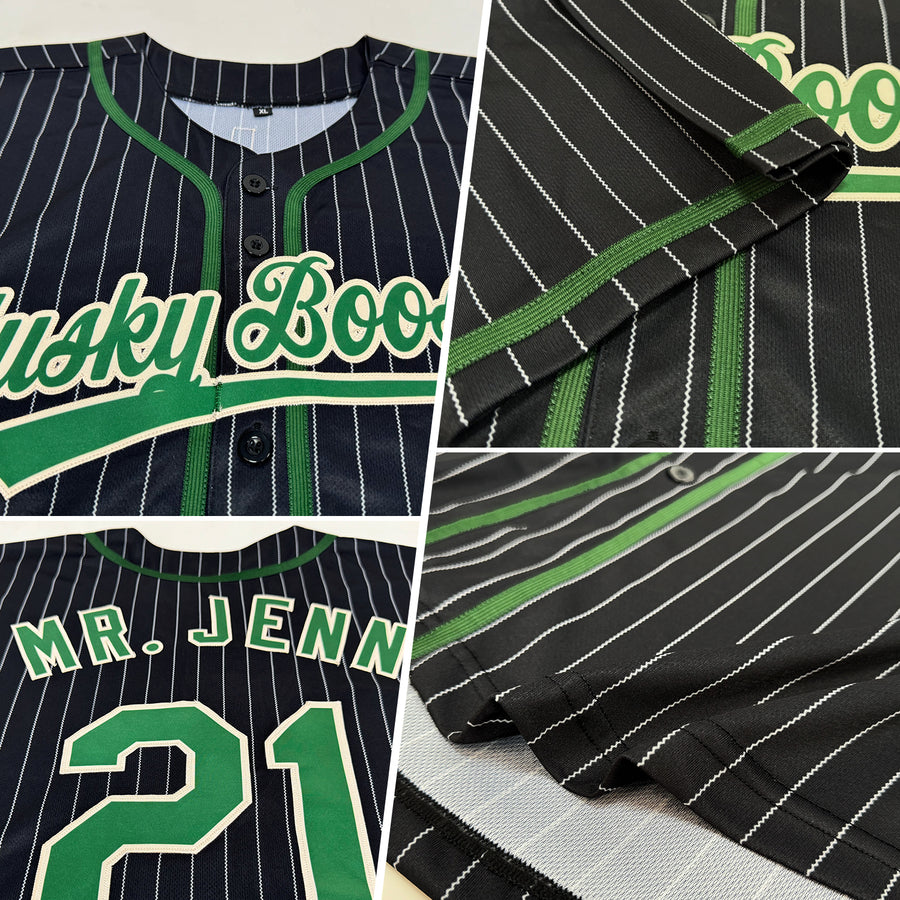 Custom Black Cream Pinstripe Green Authentic Baseball Jersey