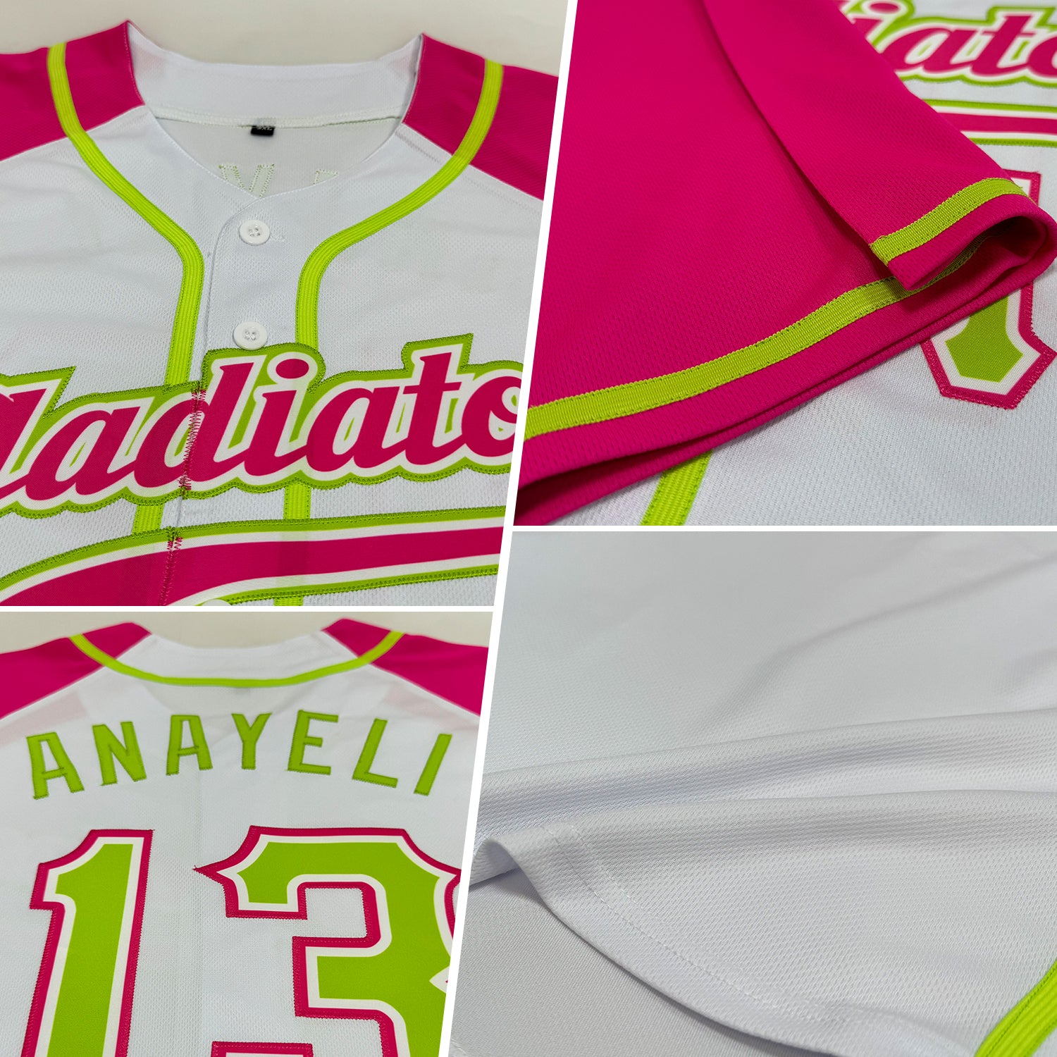 Custom White Neon Green-Pink Authentic Raglan Sleeves Baseball Jersey