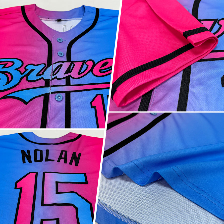 Custom Sky Blue Pink-Black Authentic Gradient Fashion Baseball Jersey