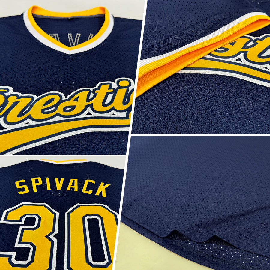 Custom Navy Gold-White Authentic Throwback Baseball Jersey