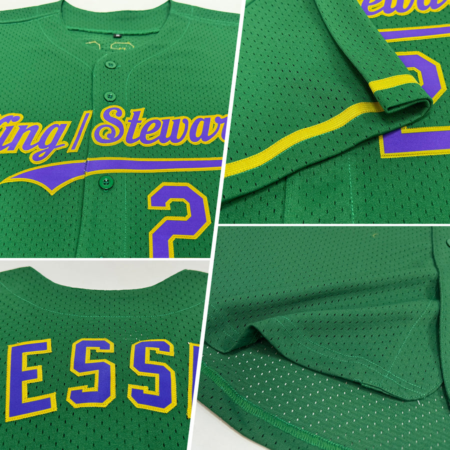 Custom Kelly Green Purple-Old Gold Mesh Authentic Throwback Baseball Jersey