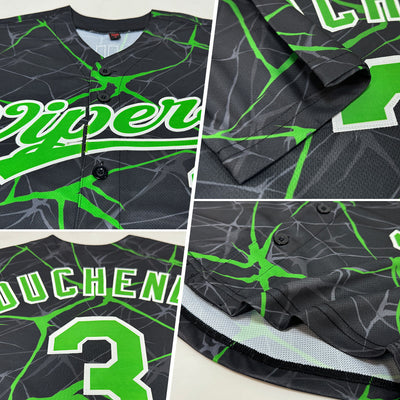 Custom Black Neon Green-White 3D Pattern Design Authentic Baseball Jersey