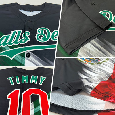 Custom Black Red-Kelly Green 3D The Abstract Wing With Mexican Flag Authentic Baseball Jersey