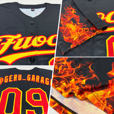 Custom Black Red-Yellow 3D Pattern Design Flame Authentic Baseball Jersey