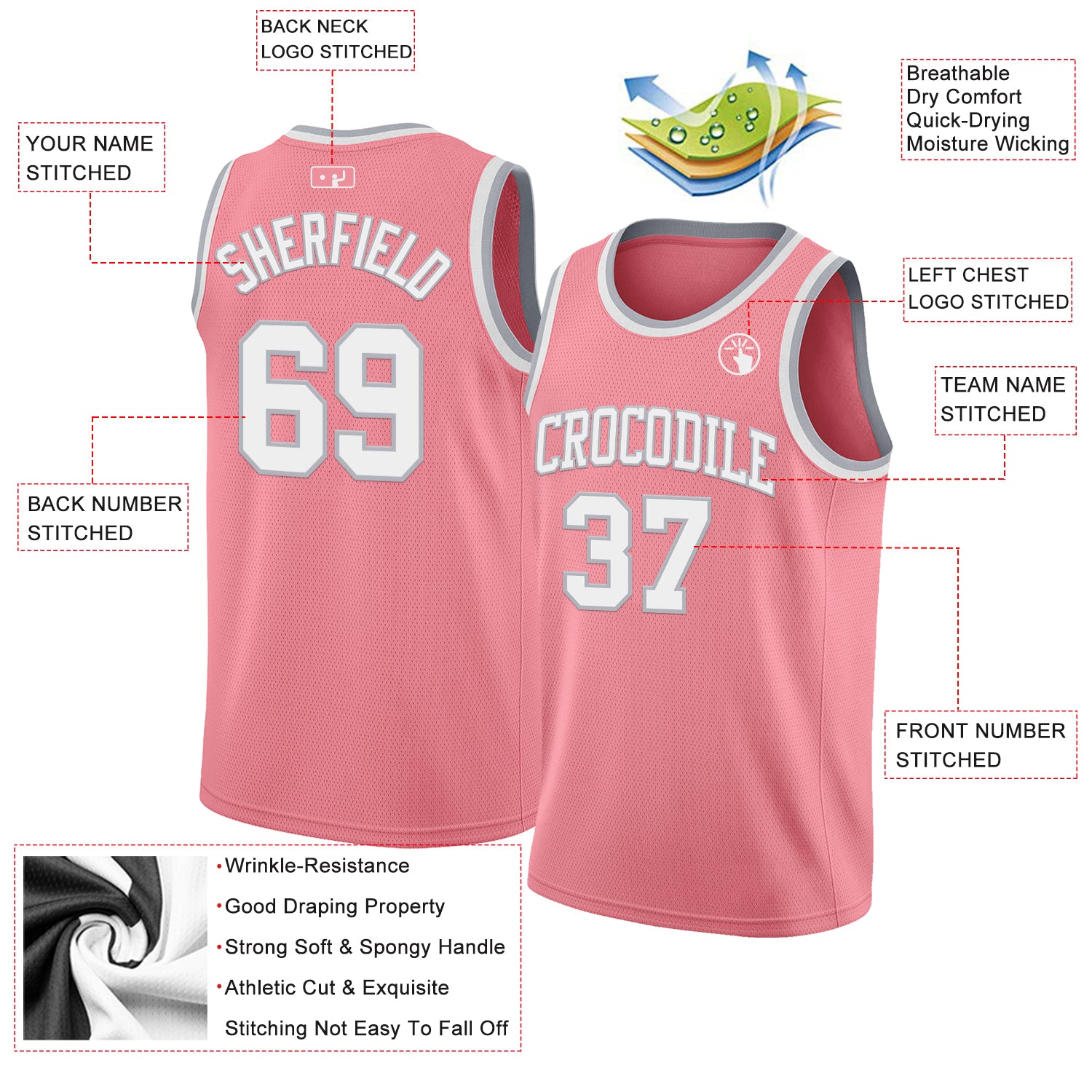 Custom Medium Pink White-Gray Authentic Basketball Jersey
