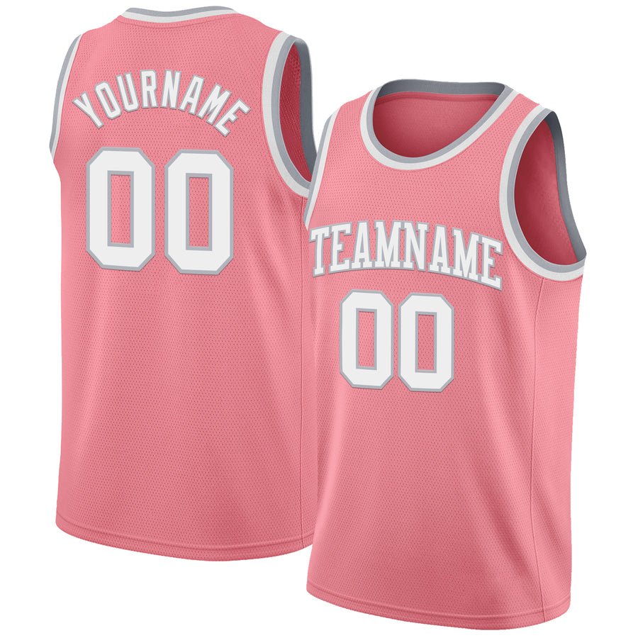 Custom Medium Pink White-Gray Authentic Basketball Jersey