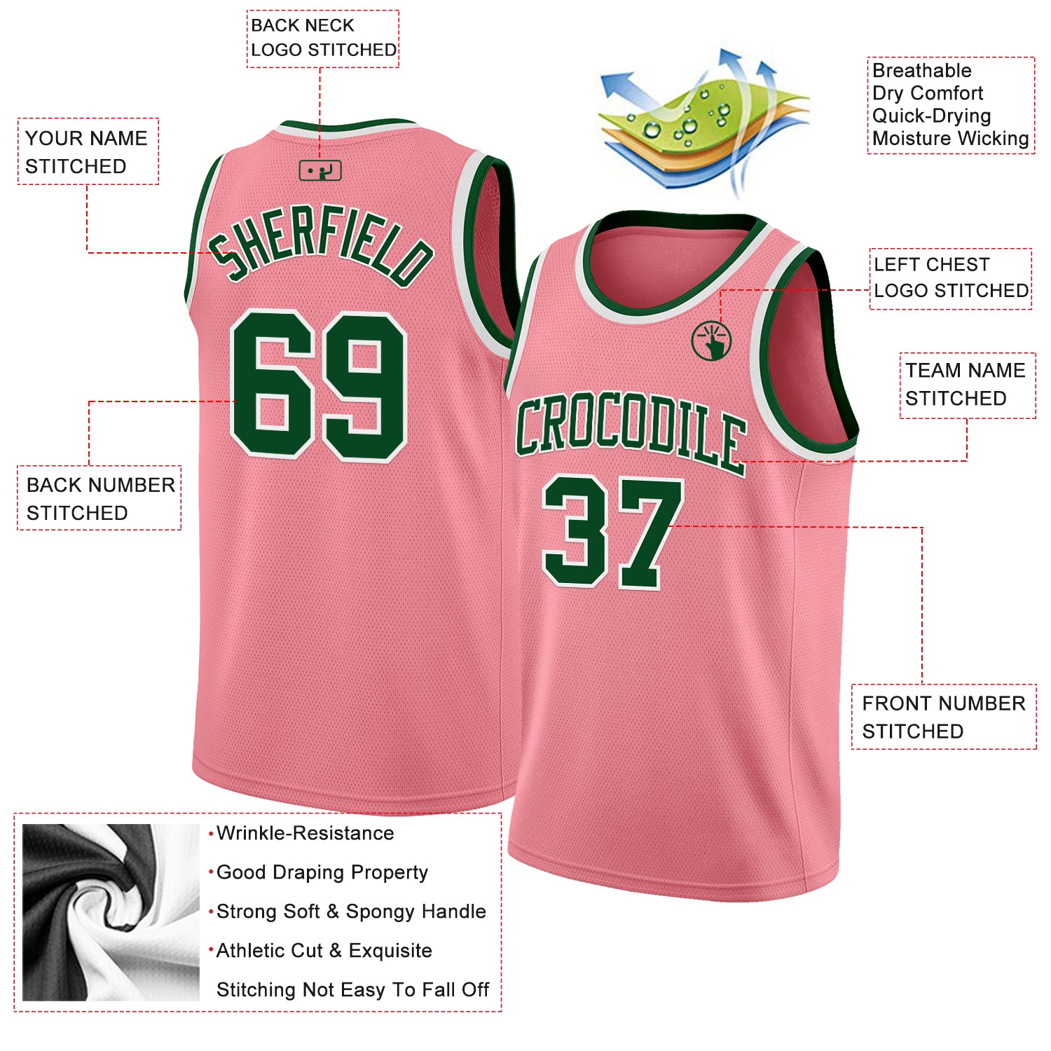 Custom Medium Pink Green-White Authentic Basketball Jersey