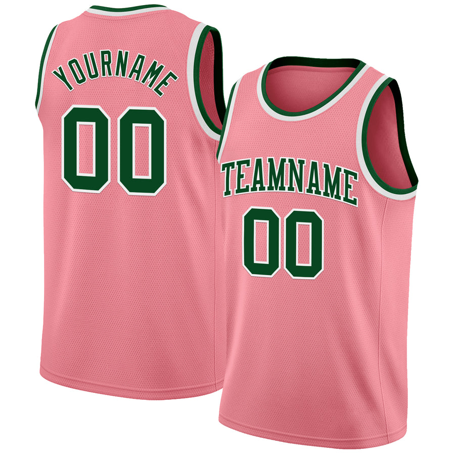Custom Medium Pink Green-White Authentic Basketball Jersey
