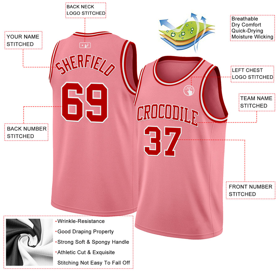 Custom Medium Pink Red-White Authentic Basketball Jersey