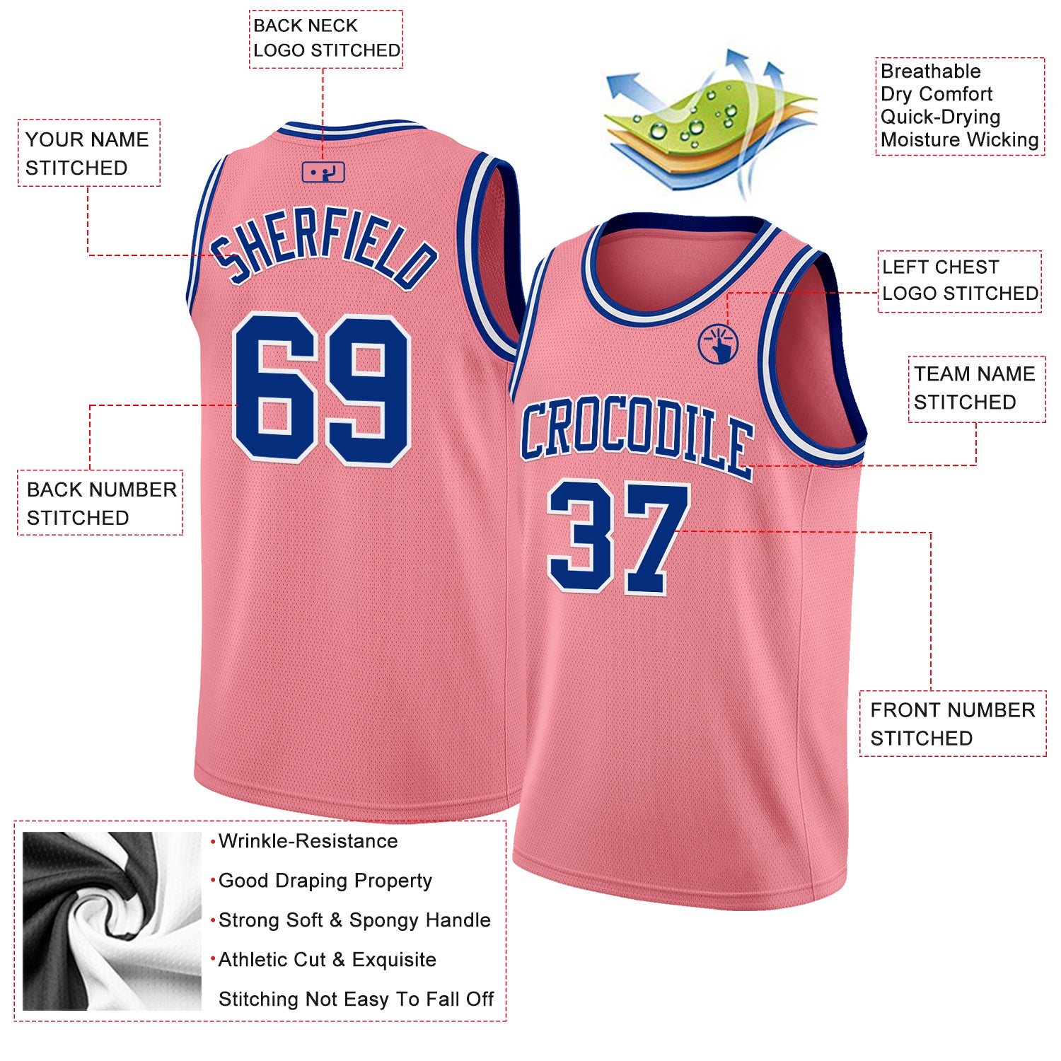 Custom Medium Pink Royal-White Authentic Basketball Jersey