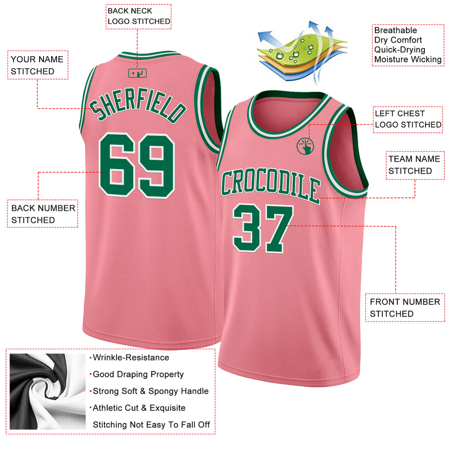 Custom Medium Pink Kelly Green-White Authentic Basketball Jersey