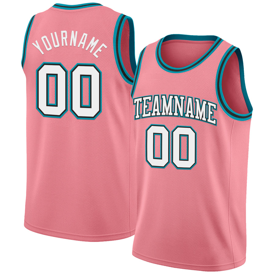 Custom Medium Pink White Black-Teal Authentic Basketball Jersey