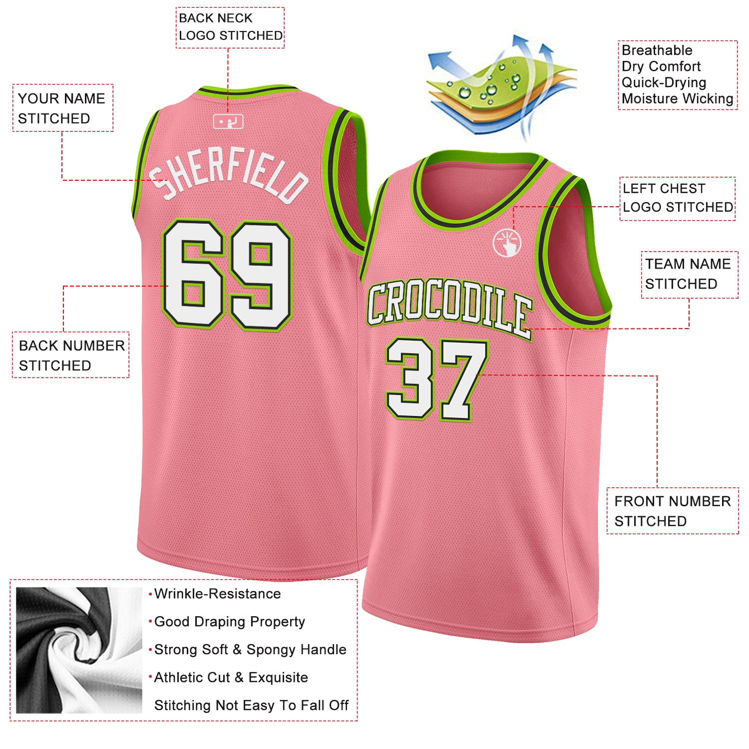 Custom Medium Pink White Black-Neon Green Authentic Basketball Jersey