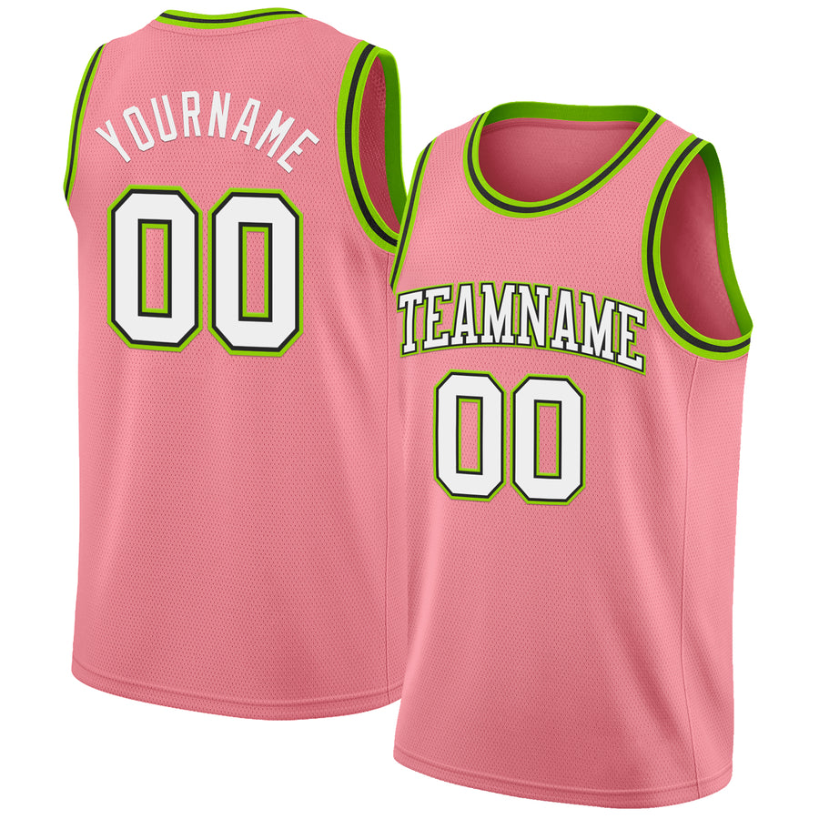 Custom Medium Pink White Black-Neon Green Authentic Basketball Jersey